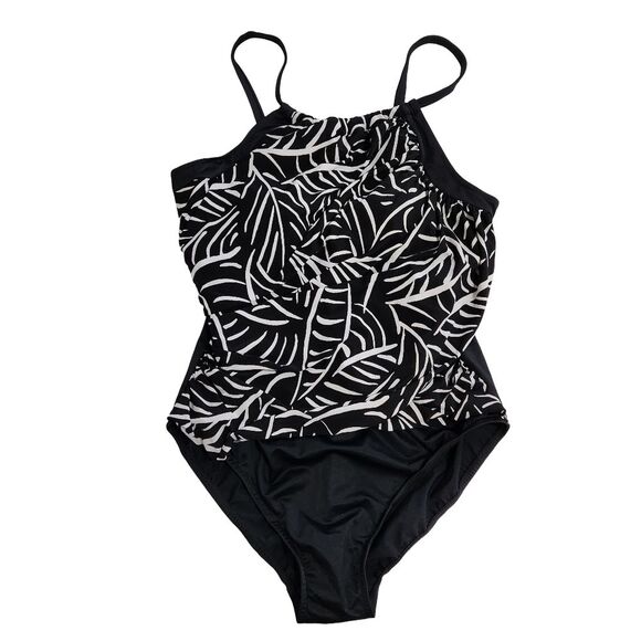Trimshaper Hard to Be Leaf Black White Ruched Neck One Piece Swimsuit Size 20W - Picture 2 of 10